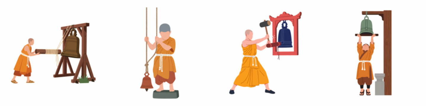 Set of flat vector illustrations depicting Buddhist monks and novices ringing traditional temple bells during religious rituals and daily ceremonies.