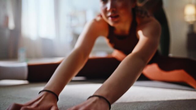 Trainer assisting flexibility exercise. Closeup woman hands floor home workout. 