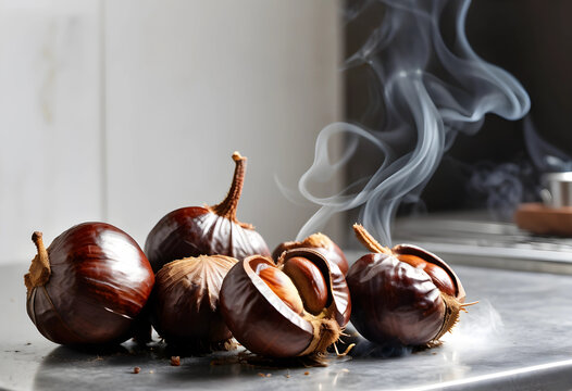 Roasted chestnuts with smoke on a kitchen counter, autumn food and holiday season snack, warm and cozy atmosphere