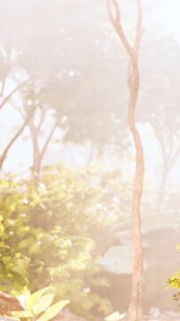 Sunlight shines through trees in a forest filled with mist. The setting shows green plants and a sense of nature awakening. This takes place in the early morning.