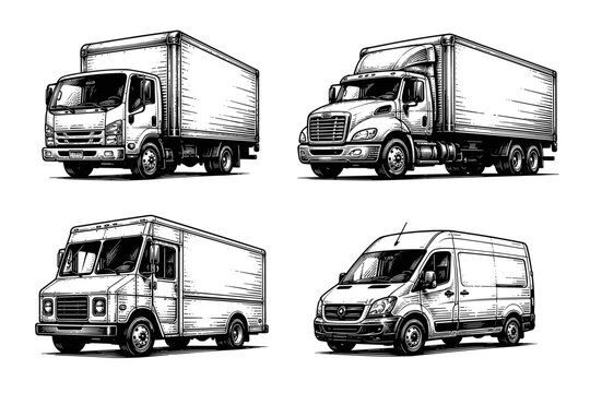 Collection of four different types of delivery trucks and vans in sketch style