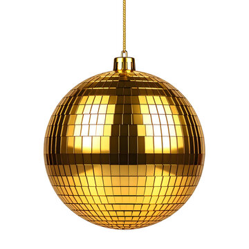 A single golden disco ball hangs suspended by a thin gold chain, its mirrored surface reflecting light beautifully in this studio photograph.