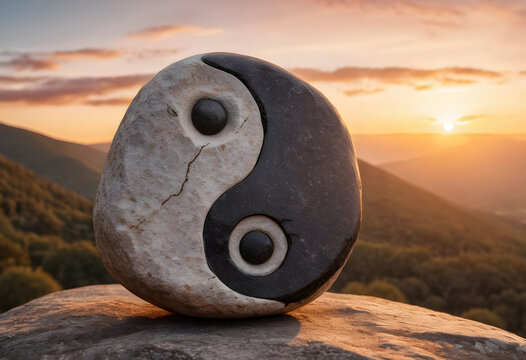 Yin and yang stone symbol on a mountain peak at sunset balance and harmony in nature spiritual and philosophical, the scene tranquility and peace themes of meditation and holistic wellbeing