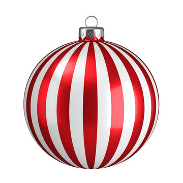 A close-up photograph of a shiny, red and white striped Christmas ornament, ready for festive holiday decoration&nbsp;
