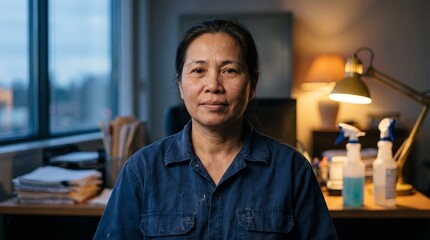 Fototapeta premium Portrait of a serious Asian female janitor standing in an office late at night