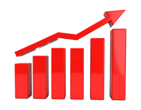 Red bar chart showing financial growth and upward trend with a glossy finish and sharp arrow pointing towards success&nbsp;