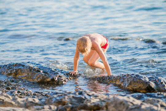 Boy aged 5 to 6 sitting with his back to camera on sea rocks in calm blue water.