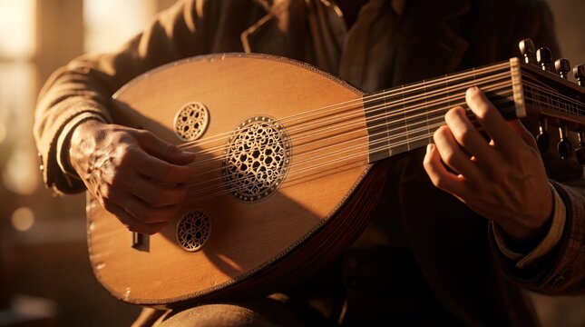 Musician plays lute instrument. Close-up on hands plucking strings of antique wooden oud. Warm golden light on performer creating music. Traditional folk melody.