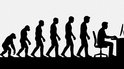 Obraz premium Silhouettes show human evolution from ape to man at computer desk. Progression from primal ancestor to modern digital worker represents tech advancement. Journey signifies societal change,