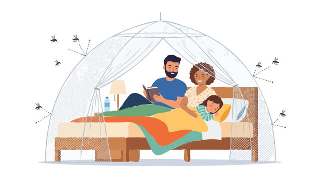 Protective mosquito net over family in bed, malaria prevention concept vector, parents and child safe from insects under canopy