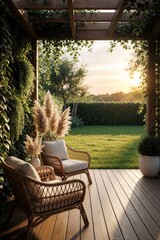 Obraz premium Modern outdoor patio with rattan chairs on wooden deck at sunset. Rich green plants hangs from pergola framing backyard garden view. Comfy furniture cushions sit in warm evening light. Tranquil
