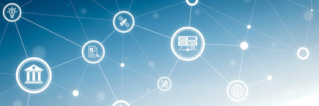 Network connection background, with white of, bank, server, satellite, and globe linked, by lines on, a blue gradient backdrop