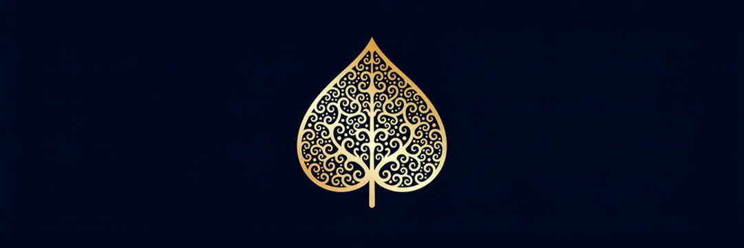 Ornate golden leaf silhouette with detailed filigree scrollwork patterns centered on a deep navy blue background, for luxury projects