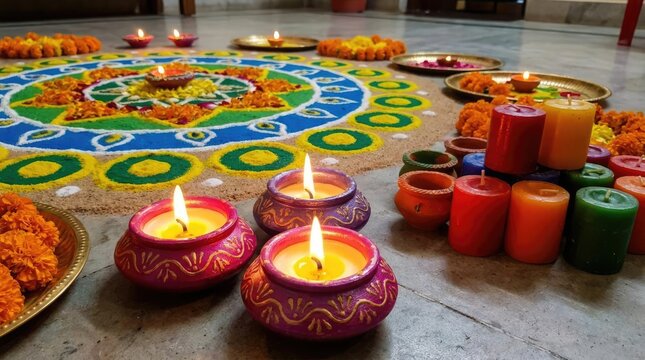 Colorful rangoli floor art with lit candles and clay diyas.