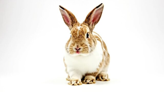 Adorable fluffy brown and white rabbit sitting calmly with ears up against white background, looking at the camera