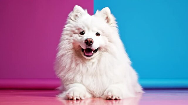 Cheerful white Samoyed dog resting on a pink and blue background with a happy expression