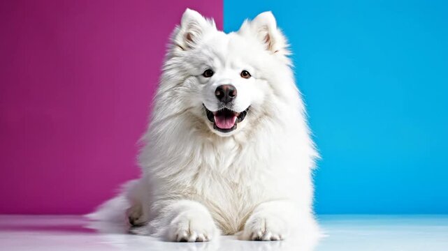 Happy fluffy white Samoyed dog laying down with mouth open against vibrant pink and blue backdrop