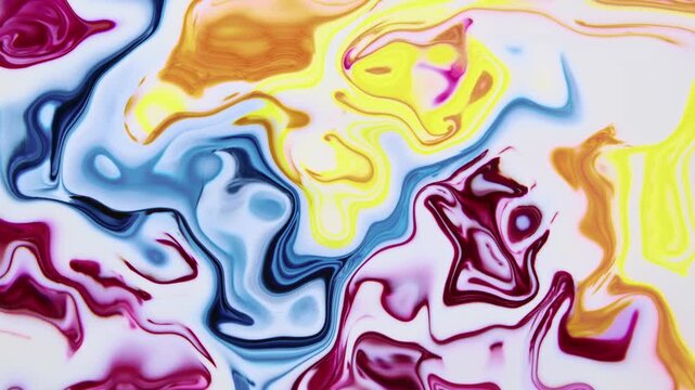 Abstract liquid marble background with swirling blue, bright yellow, and deep maroon acrylic paint on white surface. Dynamic fluid motion texture ideal for modern backdrops and cover designs.