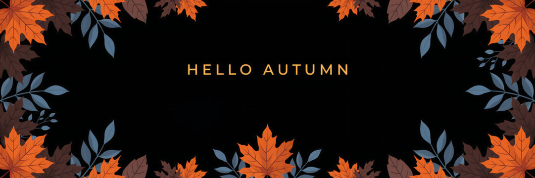 Seasonal autumn border frame featuring vibrant orange and brown maple leaves on a black background, with hello autumn, text in the center