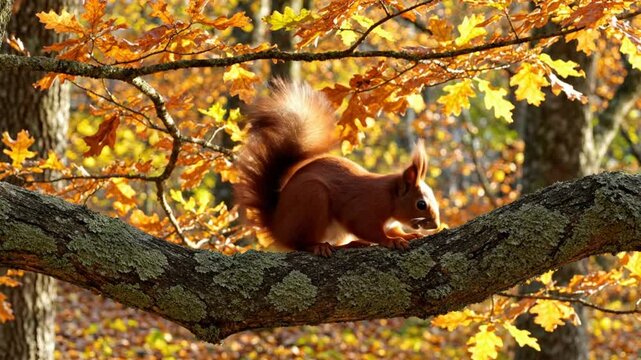 Cute red squirrel foraging for food while perched on a tree branch among autumn fall leaves and beautiful sunlit trees