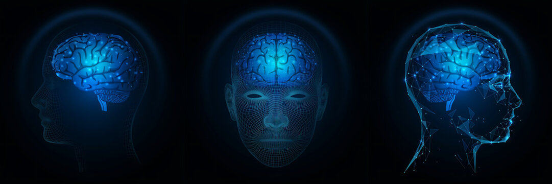 Three views of a human head silhouette with a glowing blue digital brain, representing artificial intelligence and neural network technology