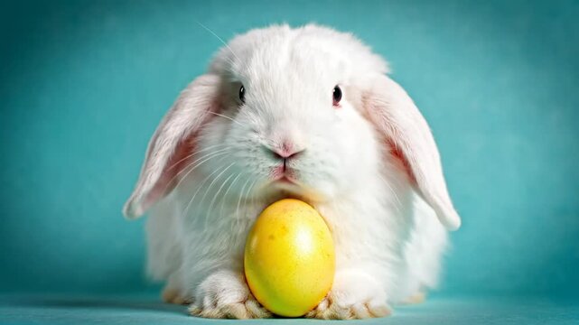 Adorable white bunny rabbit with floppy ears carefully cradling a golden yellow Easter egg on a blue background