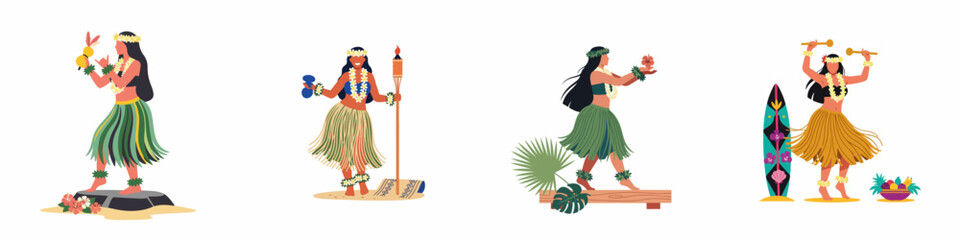 Set of Illustrations Featuring Hawaiian Hula Dancers in Traditional Costumes with Tropical Accessories on a White Background © Muqodimatul