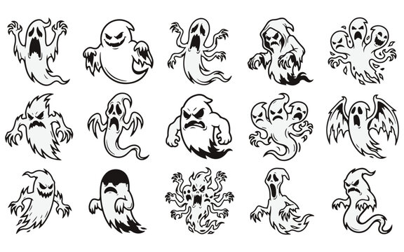 Set of hand drawn scary ghost characters for your creative halloween vector bundle design projects and holiday themed decorations