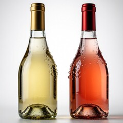 Obraz premium Two glass bottles of chilled white and rose wine stand together. Water droplets cover the cold bottles, hinting at a refreshing drink. Both bottles have distinct colored caps.