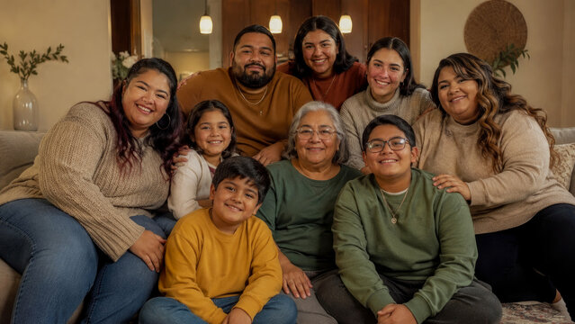 Warm, multi-generational family portrait featuring smiling grandmother, parents, and children gathered together in cozy, well-lit living room setting for joyful home photo session.