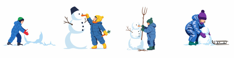 Set of illustrations showing children in winter clothes building snowmen and playing in the snow on a white background.