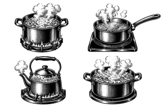 Vintage illustrations of pots and kettles boiling on stoves and hot plates