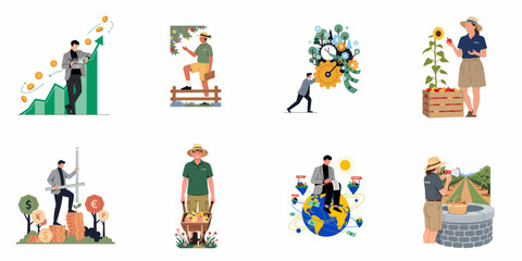Fototapeta premium Set of Illustrations Representing Global Business, Financial Growth, and Sustainable Agriculture Concepts with Farmers and Professionals