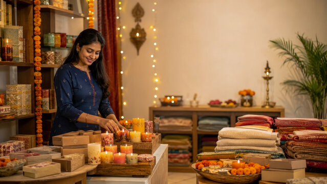 Smiling Indian woman meticulously arranging array of festive scented candles and handcrafted gift boxes in beautifully decorated setting, evoking warm, traditional ambiance for celebration.