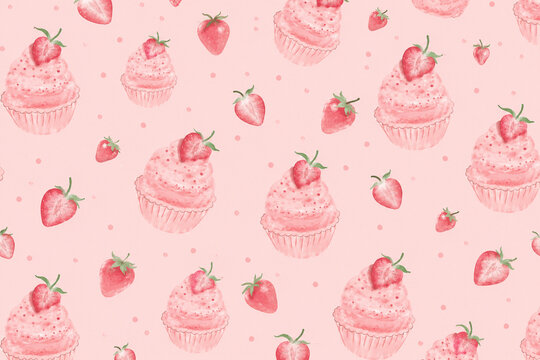 Seamless pattern with cute pink strawberry cupcakes and fresh berries on pastel background, sweet bakery and dessert design