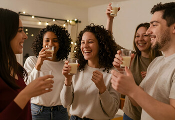 Obraz premium Diverse group of happy young adults toasting with glasses of eggnog at a festive holiday gathering, Friends are smiling and laughing while enjoying drinks together in a warm, cozy indoor setting