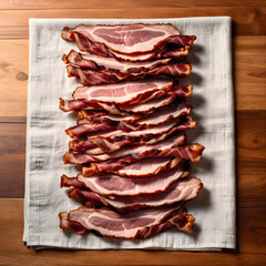Obraz premium Stack of raw bacon slices on a white linen napkin, fresh pork meat for breakfast or cooking, overhead view on wooden table