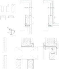 Fototapeta premium Technical architectural vector drawing featuring engineering details of wooden window framing, wall junctions, cross-sections, insulation layers, and assembly components.