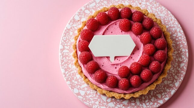 Round raspberry tart with pink cream filling on spotted plate. Fresh berry pastry dessert sits on flat surface background. Blank white sign offers space for custom text labels. Top view gourmet treat