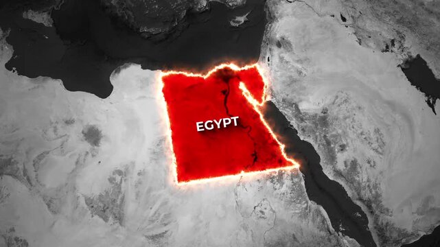 Animated geographic map zooming in on Egypt, highlighted with a glowing red border