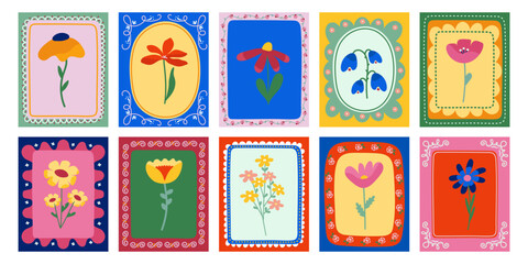 Fototapeta premium A set of postcards featuring floral images in elegant frames. A decorative botanical collection for spring greeting cards in a folk art style.