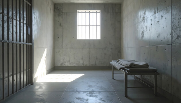 Prison cell interior featuring a metal cot bed and bars with bright natural light streaming through a small window