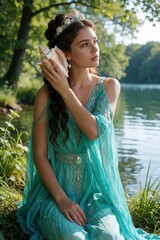 Fototapeta premium Brunette woman in turquoise dress with seashell crown listens to conch shell by lake. Female in fantasy attire sits near water with green trees behind her, enjoying nature.