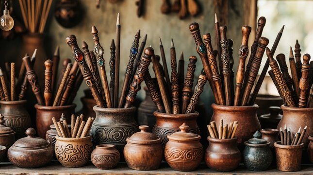 Assortment of handcrafted wooden wands incense sticks and carved containers displayed in shop. Mystical spiritual objects adorn shelf. Esoteric artisan craft supplies arranged neatly.