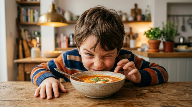 Young boy with mischievous expression eating tomato soup in kitchen