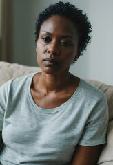 Obraz premium Serious african american woman with short curly hair looking directly at the camera, mental health and emotional well being