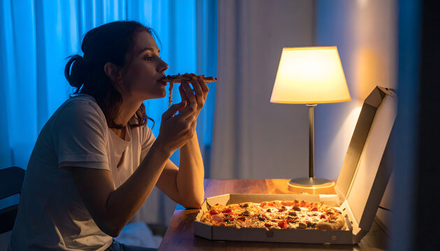 Late night pizza eating alone in dim light emotional lifestyle scene with comfort food mood
