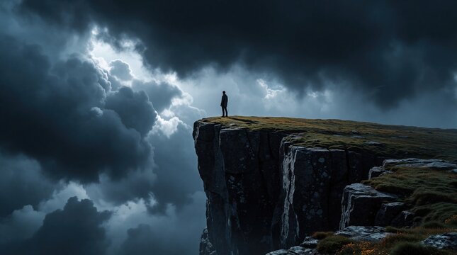 Lonely man stands on edge of high rocky cliff under dark stormy clouds. Person looks at cloudy sky above ocean horizon. Human silhouette contemplates nature view from top of precipice. Moody
