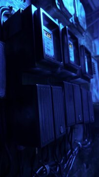Several electric meters are mounted on a wall inside a poorly lit area. The atmosphere is dark with shades of blue, showing details of the meters and their dials.