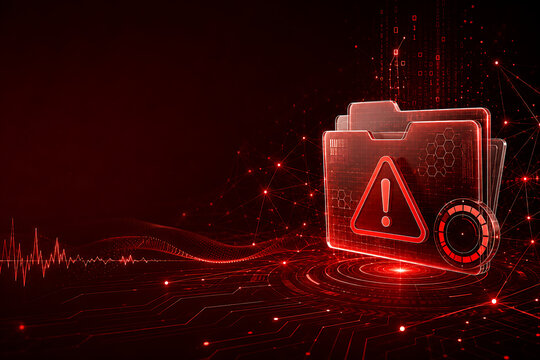 Glowing red digital folders with warning symbol represent cybersecurity threats, corrupted files, data breach alerts, malware detection, and urgent system protection in abstract technology concept